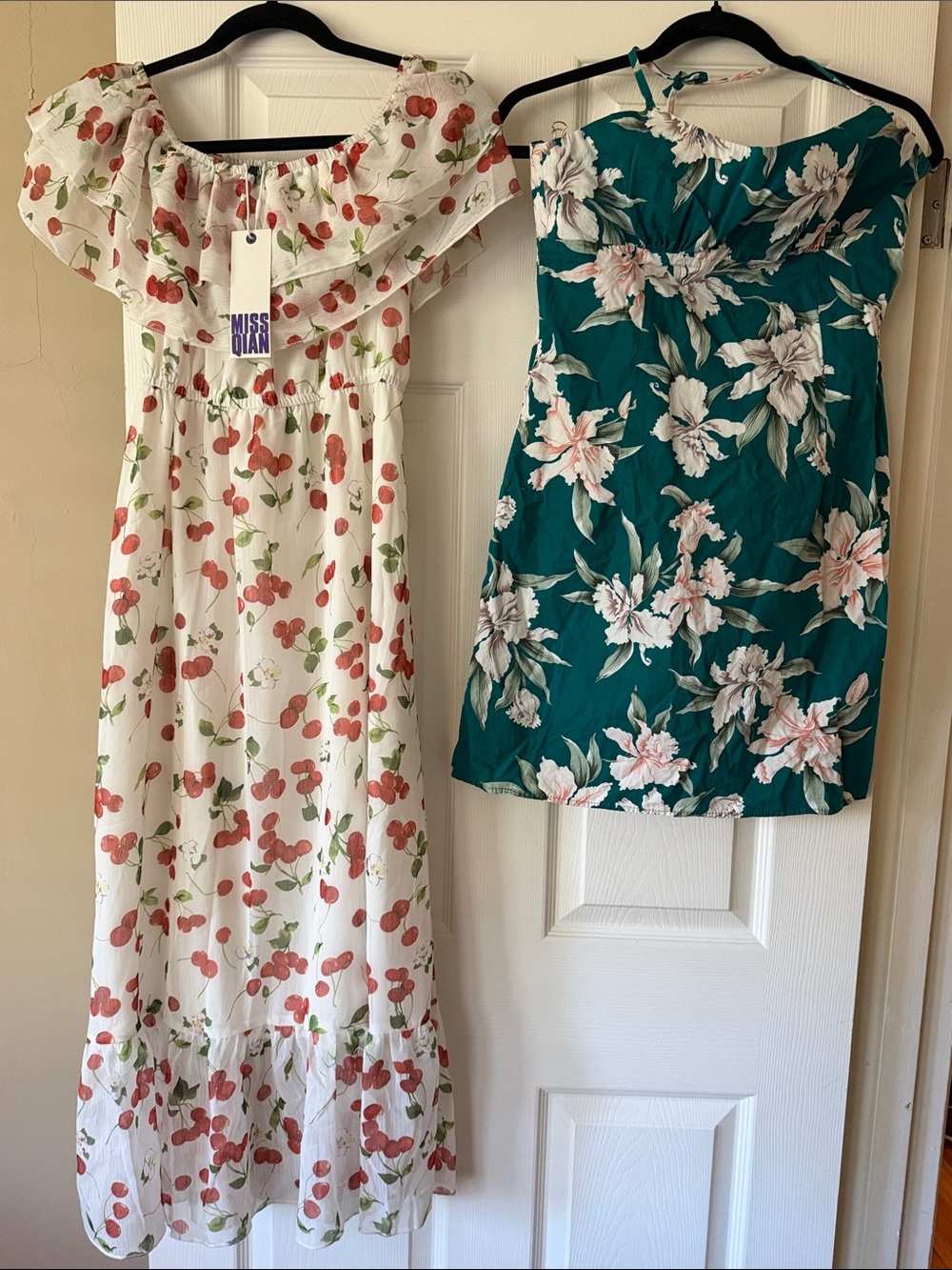 Miss Qian White Cherry Print Off-Shoulder Maxi Dress.1 dress NWT . Free 1 dress